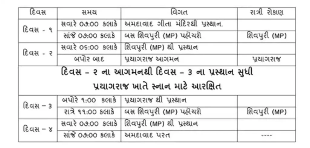 Schedule of Ahmedabad to Mahakumbh Mela 2025